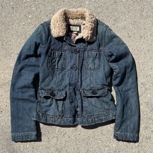 Vintage Abercrombie & Fitch Sherpa Collar Denim Jacket Floral Blue Small Y2K